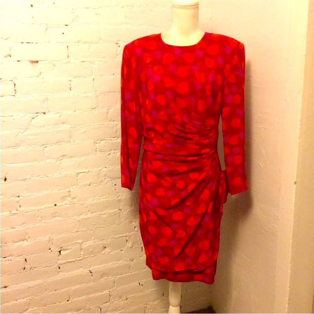 Scaasi vintage 80s ruched long sleeve silk dress pink floral size 8